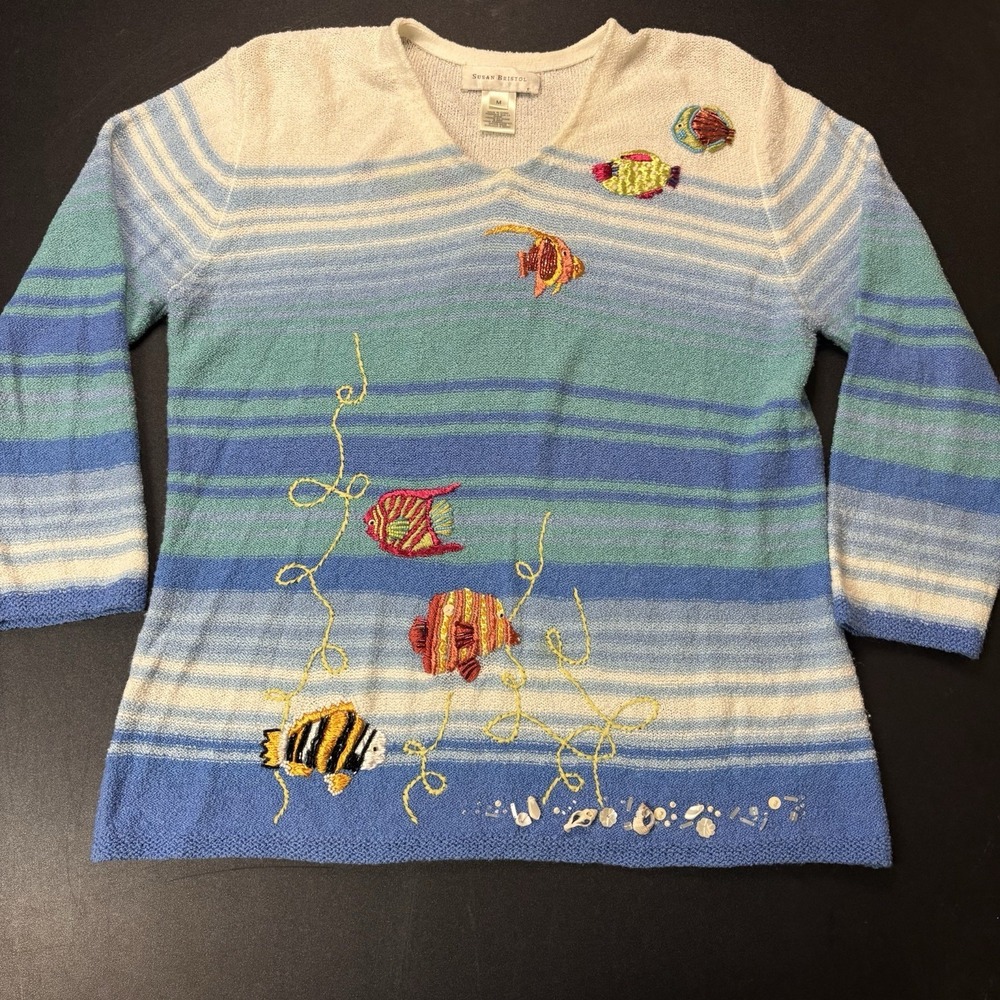 Susan Bristol sweater Med 3/4 sleeve V-neck blue white red fish embroidery beads